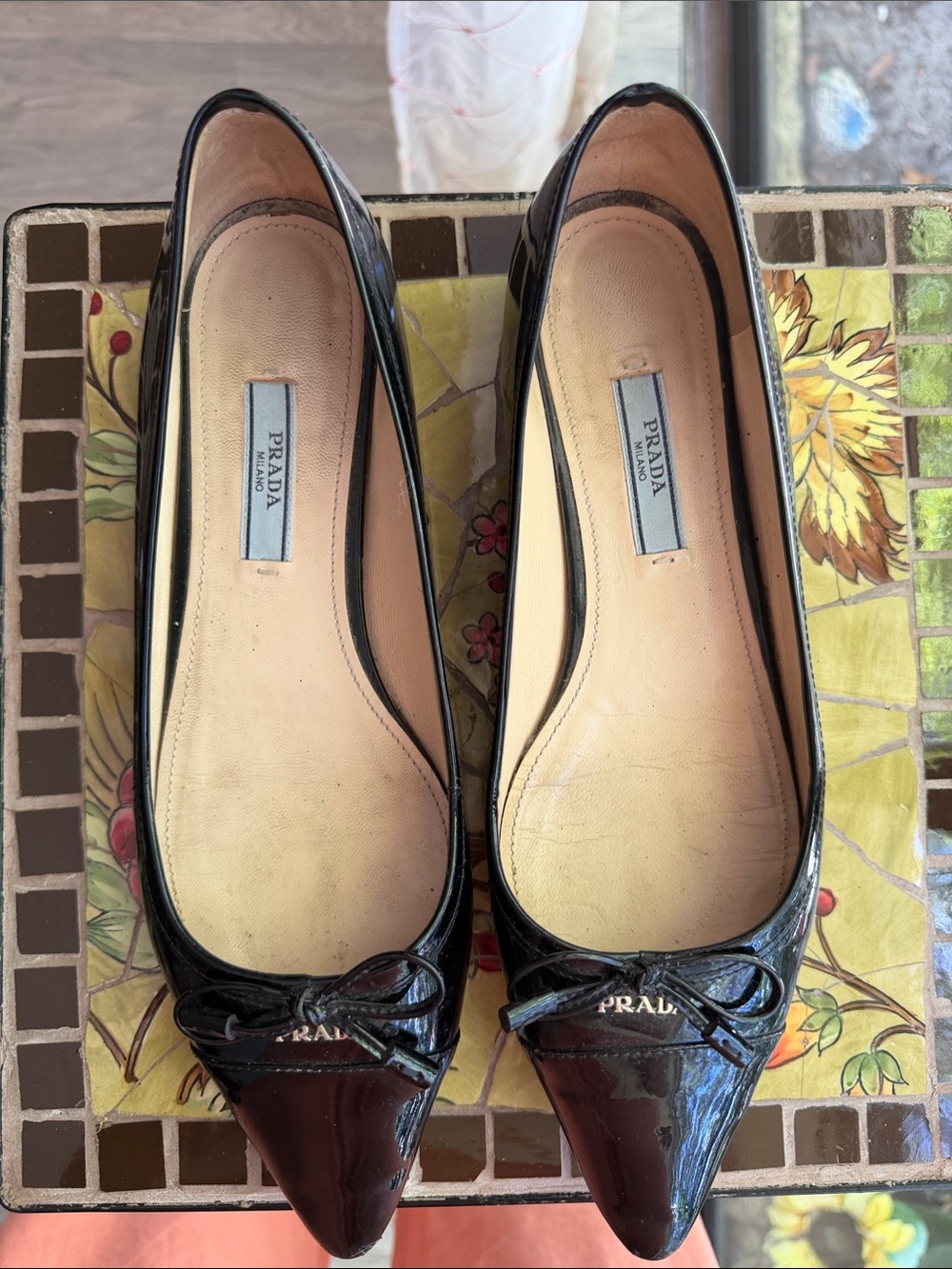 Prada Black Patent Pointed-Toe Bow Ballet Flats